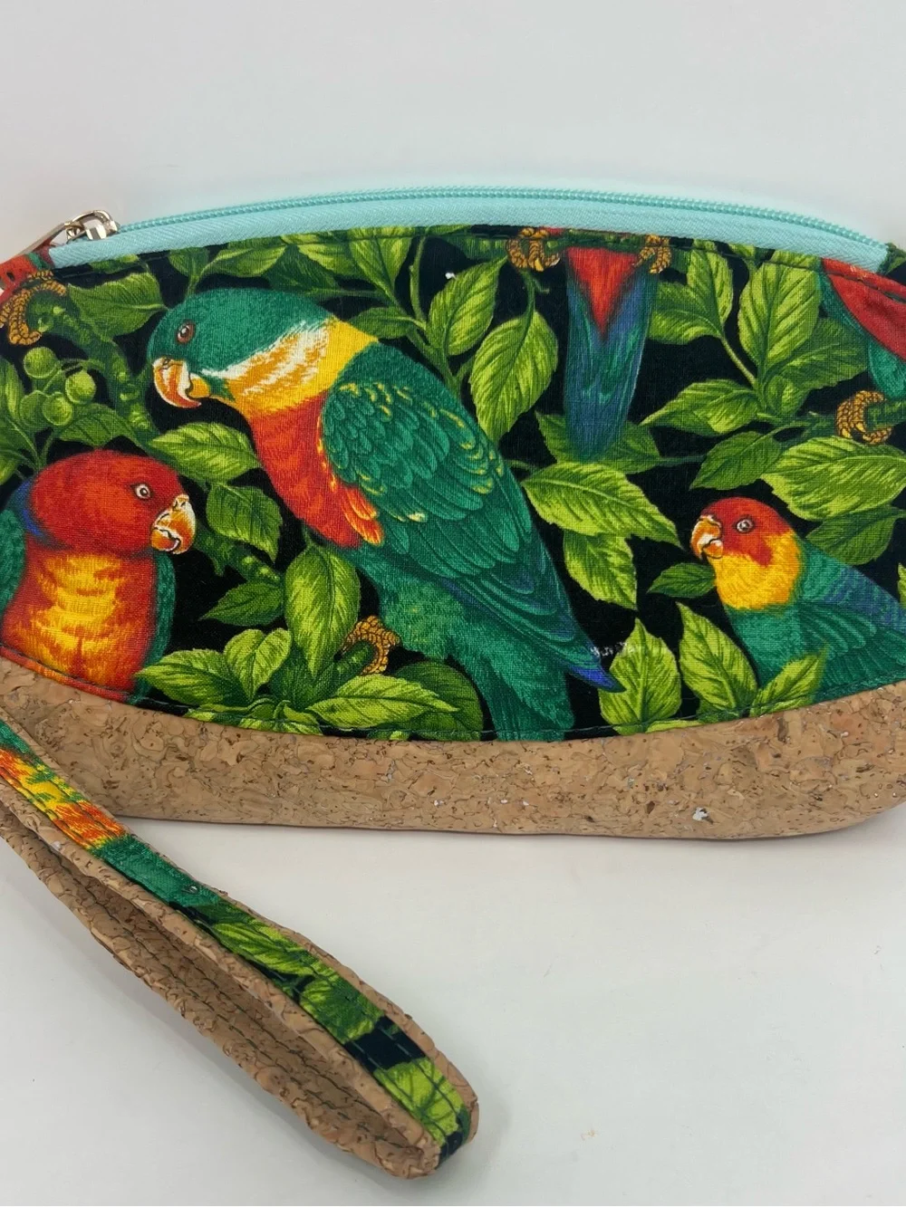 Handmade Tropical Parrot Cork Fabric Wristlet  Zipper Pouch Clutch Bag